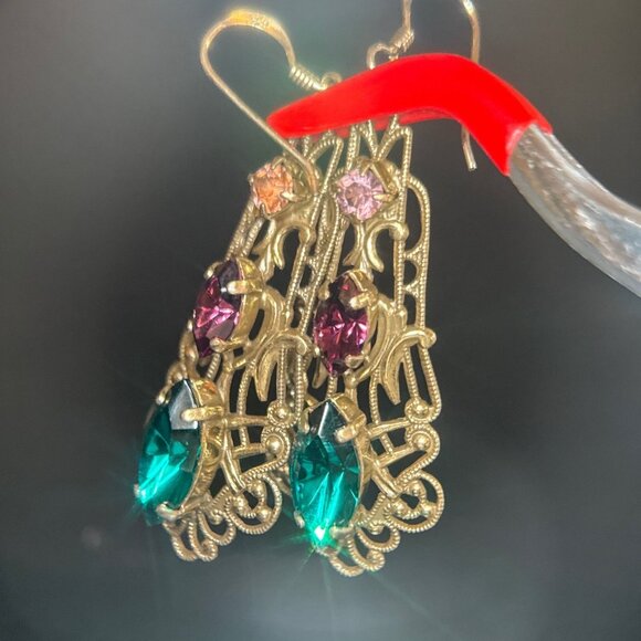 Brass Colored 925 Stamp 3 Stones Earrings - Picture 3 of 6